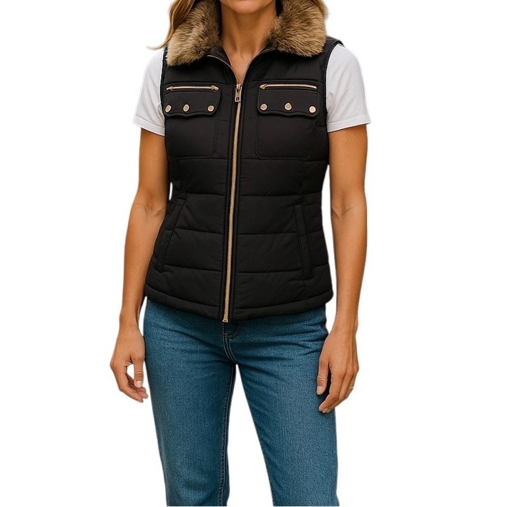 Casual Identity Lightweight Quilted Women Black Detachable Fur-Collar Vest Sz M‎